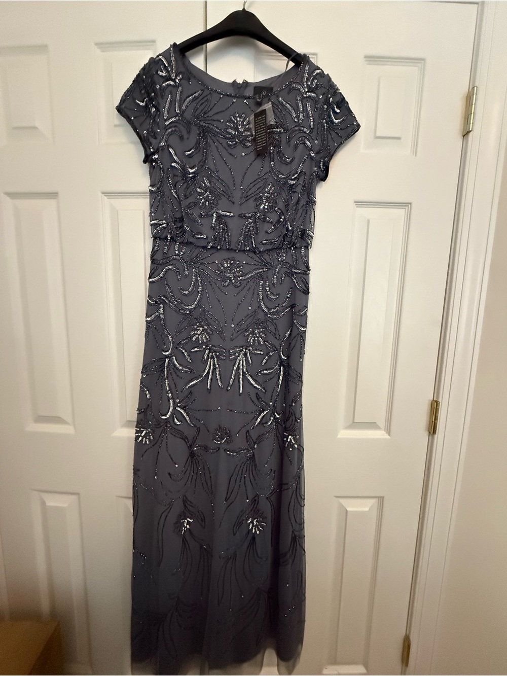 Adrianna Papell Gray Beaded Maxi Dress with Cap Sleeves